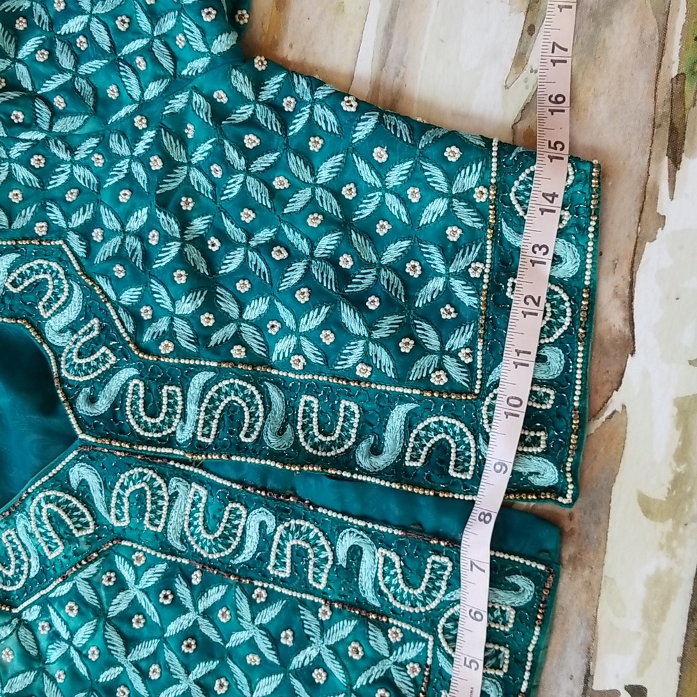 BEAUTIFUL Embroidery Beaded Ethnic Turquoise Silk SS Vintage Crop Top Jacket - Picture 13 of 16